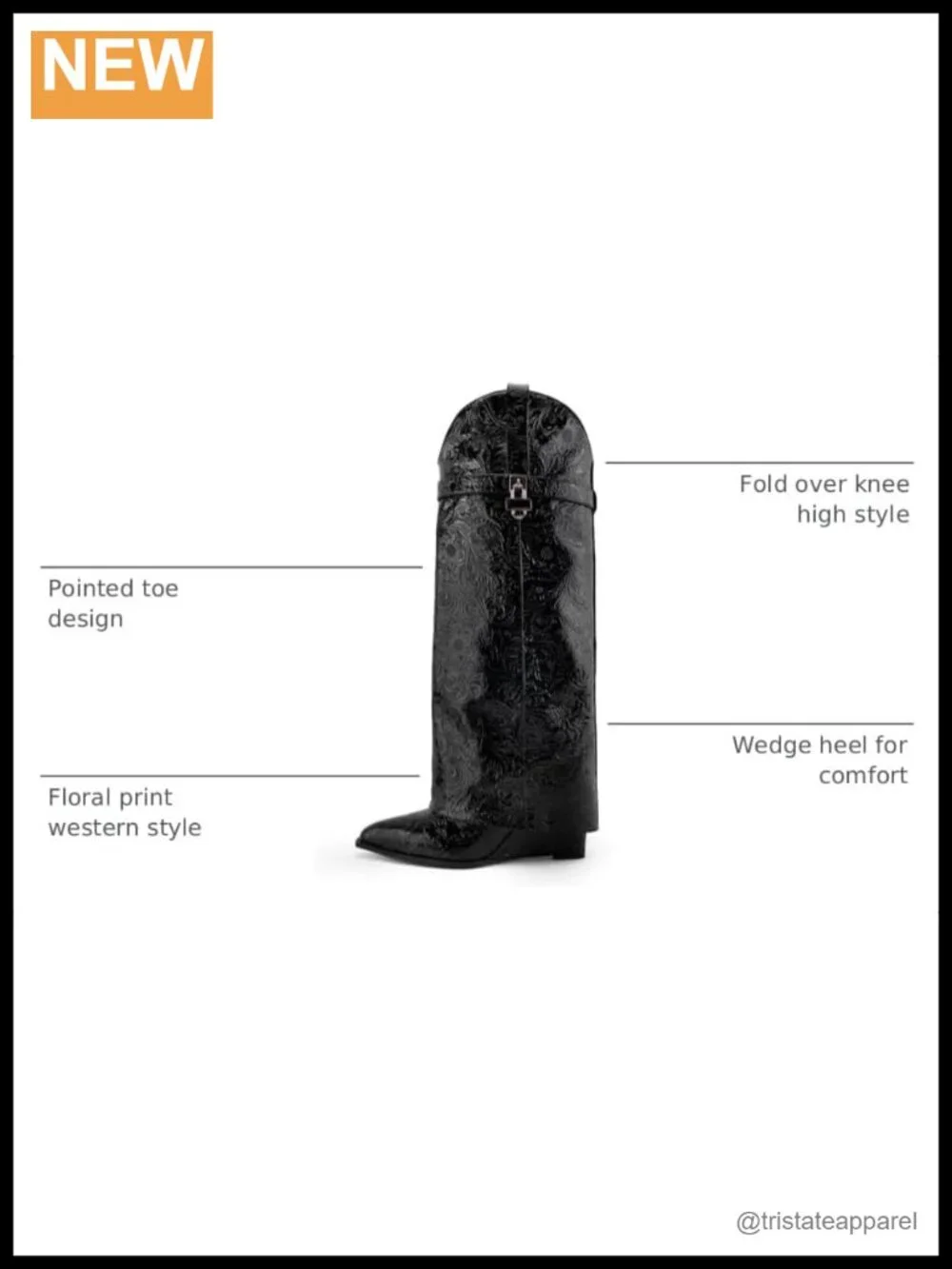Fold Over Floral Print Knee High Wedge Heel Boots Women PU Pointed Toe